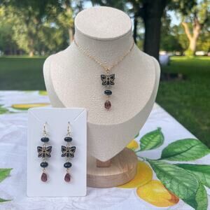 Butterfly Garnet Wine Red Crystal Glass Onyx Obsidian Bug Boho Beaded Casual Set